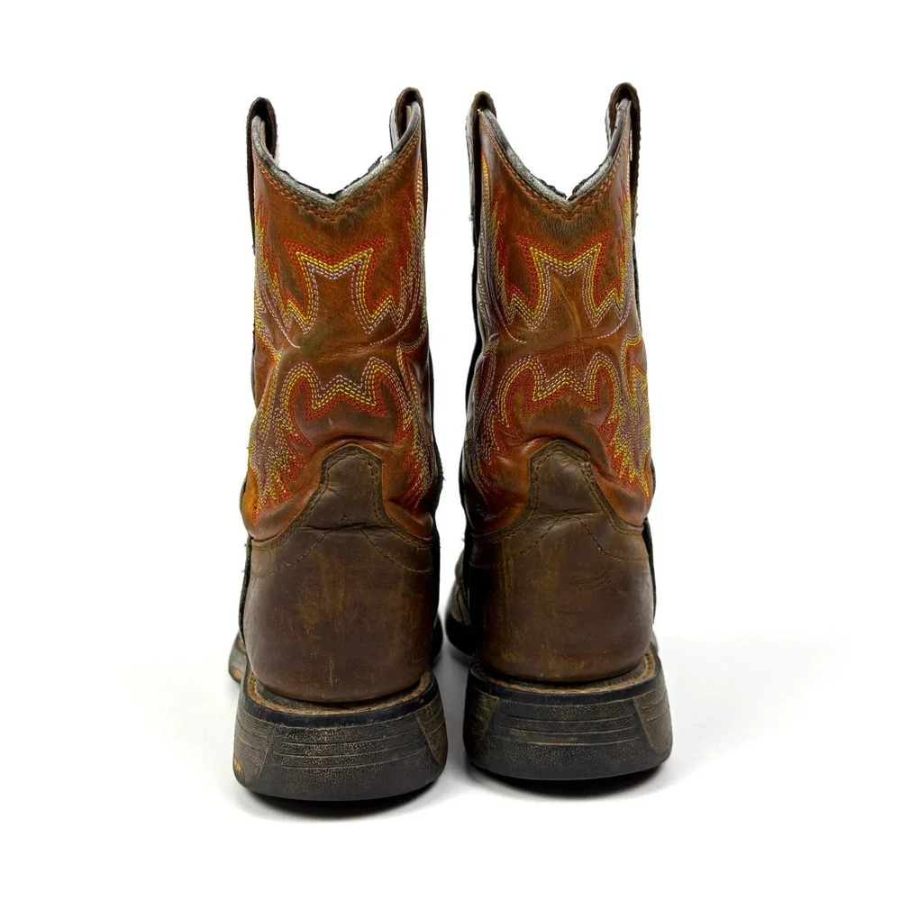 Ariat Kids WorkHog Square Toe Boots Sz 1.5‎ Brown Red Flame Embroidery Western
